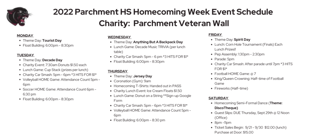 Homecoming Week Event Schedule