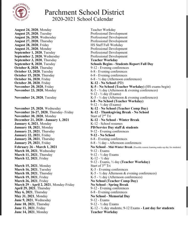 Parchment School District Holiday Calendar 20232024 District School